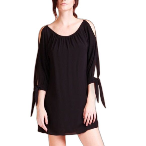TYCHE Womens Relax Fit Crepe Lined Solid Black Open TieSleeves Shift Mini Dress - Picture 3 of 11